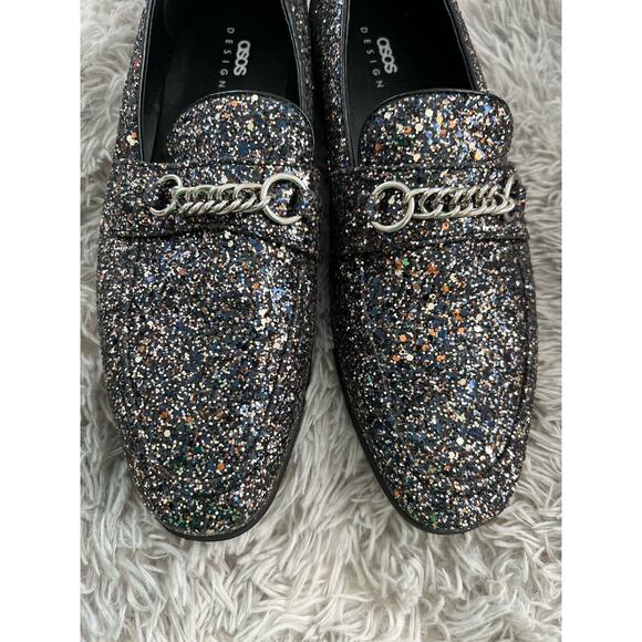 ASOS Design Men’s Loafers Black In Silver Glitter Size 10W Sparkle Shoes 43W - Picture 2 of 9